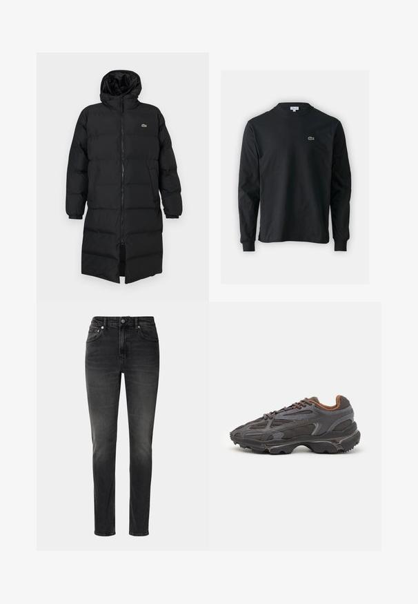 Zwarte pufferjas met een kap, voorzien van een volledige ritssluiting, lange mouwen en een lengte tot de knie. Zachte, gewatteerde textuur met logo-detail.; Zwarte longsleeve t-shirt van katoen, met een ronde halslijn en een klein groen geborduurd krokodillenlogo op de linkerborst.; Zwarte spijkerbroeken van denim, met een rechte snit, vijf zakken en een knoopsluiting. Lichte vervaging voegt textuur toe aan de stof.; Lacoste sneakers in donkergrijs van mesh en synthetisch materiaal, met een gestructureerde zool en bruine accenten op de kraag en branding.