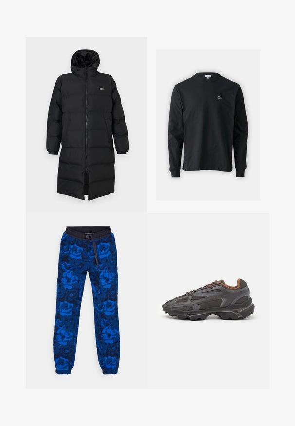 Čierna prešívaná bunda s kapucňou, vybavená plným zipsom, dlhými rukávmi a dĺžkou po kolená. Mäkká, prešívaná textúra s detailom loga.; Čierne tričko s dlhým rukávom vyrobené z bavlny, s okrúhlym výstrihom a malým zeleným vyšívaným logom krokodíla na ľavej hrudi.; Modré fleecové jogger nohavice s kvetinovým vzorom, s čiernym elastickým pásom a šnúrkou na stiahnutie. Textúrovaná tkanina s elastickými manžetami na členkoch.; Lacoste tenisky v tmavo sivej farbe z nylonu a syntetického materiálu, s textúrovanou podrážkou a hnedými akcentami na golieri a brandingu.