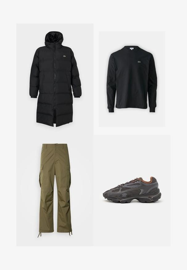 Fekete, kapucnis puffertakó, teljes cipzárral, hosszú ujjakkal és térd hosszig érő fazonnal. Puha, steppelt textúra logó részlettel.; Fekete hosszú ujjú pamut póló, kerek nyakkivágással, bal mellen egy kis zöld hímzett krokodil logóval.; Olívazöld cargo nadrág erős anyagból, egyenes szárú dizájnnal, oldalsó zsebekkel és állítható bokakötőkkel.; Sötét szürke Lacoste sportcipők hálós és szintetikus anyagból, textúrázott talppal és barna díszítésekkel a nyak részen és a logón.