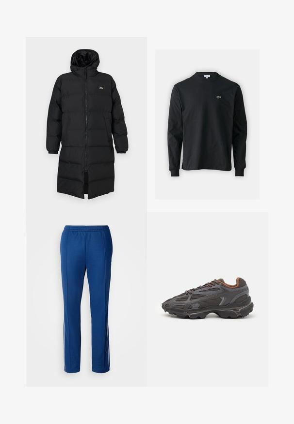 Mustahomeinen musta untuvatakki hupulla, jossa on täysipitkä vetoketju, pitkät hihat ja polvenpituinen malli. Pehmeä, tikkikuvioitu pinta logotiedolla.; Musta pitkähiha t-paita, joka on valmistettu puuvillasta. Paita on varustettu pyöreällä kaula-aukolla ja vasemmassa rinnassa on pieni vihreä brodeerattu krokotiililogo.; Lacoste Verryttelyhousut - globe; Lacoste-tennar i mörkgrått med nät- och syntetmaterial, med en texturerad sula och bruna accenter på kragen och märket.