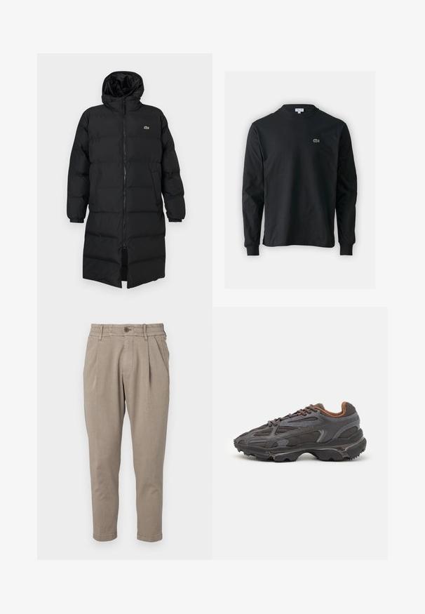 Piumino nero con cappuccio, caratterizzato da una zip completa, maniche lunghe e un design fino al ginocchio. Texture morbida e trapuntata con dettaglio del logo.; T-shirt a maniche lunghe nera in cotone, con scollatura rotonda e un piccolo logo di coccodrillo ricamato in verde sul lato sinistro del petto.; Pantaloni beige con un tessuto testurizzato, dotati di chiusura a bottone e di una vita elastica. Progettati con gamba affusolata e pinces frontali.; Sneaker Lacoste grigie scure in materiale mesh e sintetico, con suola testurizzata e dettagli marroni sul colletto e sul branding.