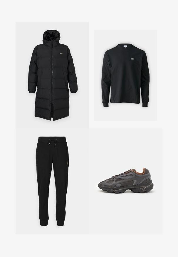 Svart puffjacka med huva, med full dragkedja, långa ärmar och knälång design. Mjuk, vadderad textur med logotypdetalj.; Svart långärmad t-shirt i bomull, med rund halsringning och en liten grön broderad krokodil-logotyp på vänster bröst.; Svarta träningsoveraller i mjukt tyg med elastisk midja och dragsnöre, sidofickor och en guldig logotypaccent på vänster ben.; Lacoste-sneakers i mörkgrått med nät och syntetmaterial, med en strukturerad sula och bruna detaljer på kragen och varumärket.