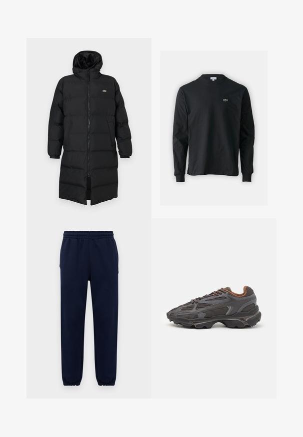 Svart dunjakke med hette, med hel glidelås, lange ermer og knelengde. Myk, quiltet tekstur med logodetalj.; Svart langermet T-skjorte laget av bomull, med rund hals og en liten grønn brodert krokodillelogo på venstre bryst.; Mørkeblå joggebukser med elastisk midjebånd og mansjetter, rett benpassform, vist mot en ensfarget lys bakgrunn.; Lacoste-sneakers i mørkegrått med mesh- og syntetisk materiale, med en teksturert såle og brune detaljer på kragen og merket.
