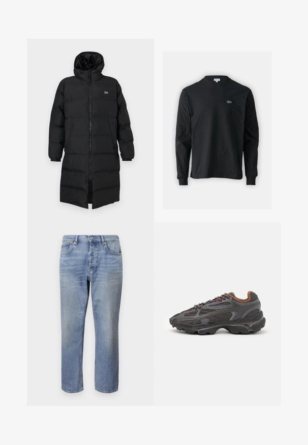 Črni napihnjen plašč s kapuco, ki ima poln zadrgo, dolge rokave in dolžino do kolen. Mehka, quilted tekstura z logotipom.; Črna dolgi rokavi majica iz bombaža, z okroglim ovratnikom in majhnim zelenim vezenim logotipom krokodila na levem prsnem delu.; Svijetloplave traperice ravnog kroja, s dizajnom od pet džepova, vidljivim šavovima i dugmetom za zatvaranje u struku.; Lacoste teniske v temno sivi barvi z mrežasto in sintetično prevleko, s teksturiranim podplatom in rjavimi detajli na ovratniku ter blagovni znamki.