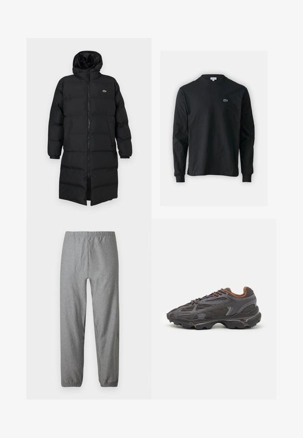 Černá péřová bunda s kapucí, s plným zipem, dlouhými rukávy a délkou po kolena. Měkká prošívaná textura s detailem loga.; Černé dlouhé rukávy triko vyrobené z bavlny, s kulatým výstřihem a malým zeleným vyšitým logem krokodýla na levé hrudi.; Šedé lehké kalhoty s elastickým pasem, mírně zúženými nohavicemi a elastickými manžetami. Hladký povrch s jemným vzorem.; Sněrovací boty Lacoste v tmavě šedé barvě s síťovinou a syntetickým materiálem, prezentující texturovanou podrážku a hnědé detaily na límci a logu.