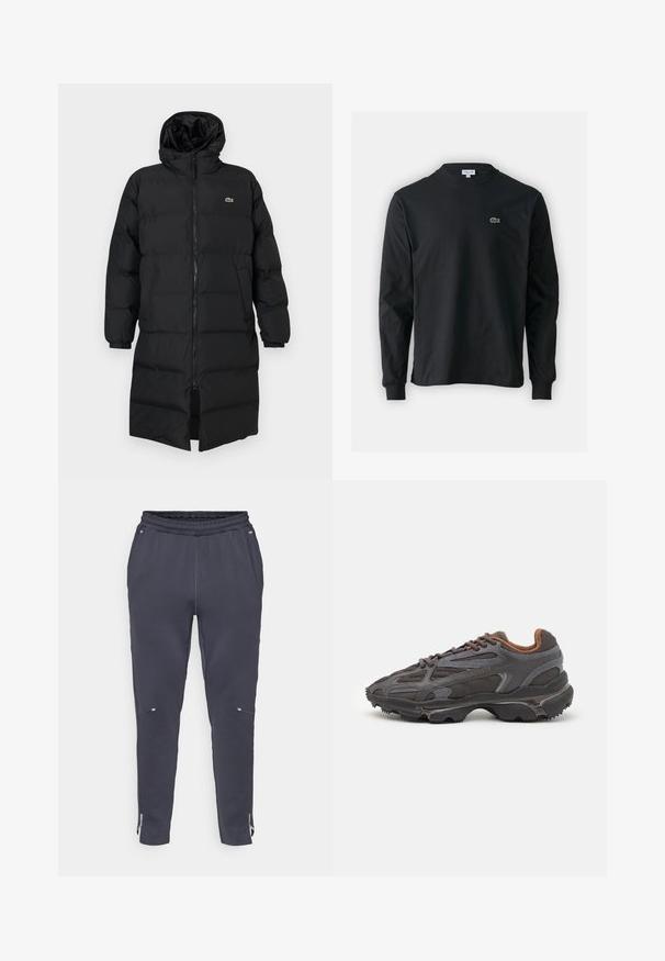 Black puffer coat with a hood, featuring a full zipper, long sleeves, and a knee-length design. Soft, quilted texture with logo detail.; Black long-sleeve t-shirt made of cotton, featuring a round neckline and a small green embroidered crocodile logo on the left chest.; Navy jogger pants with an elastic waistband, side pockets, and zippered hems. Made of soft material with a smooth texture and minimal design.; Lacoste sneakers in dark gray with mesh and synthetic material, featuring a textured sole and brown accents on the collar and branding.