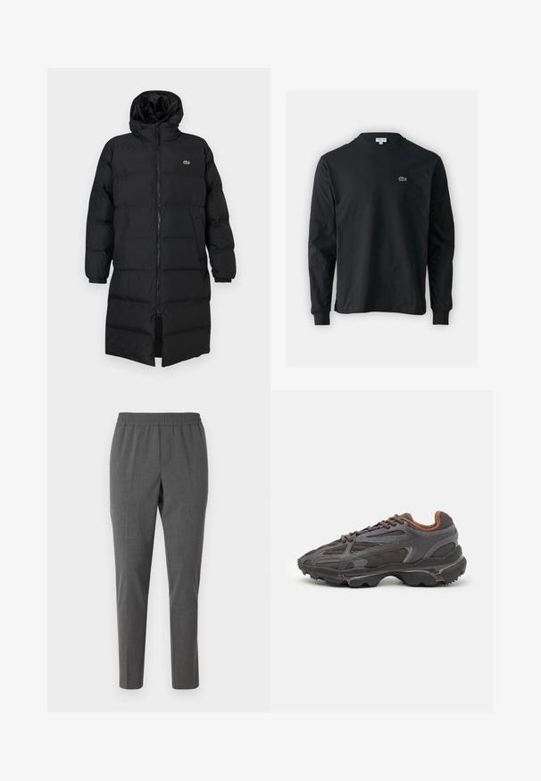 Piumino nero con cappuccio, caratterizzato da una zip completa, maniche lunghe e un design fino al ginocchio. Texture morbida e trapuntata con dettaglio del logo.; T-shirt a maniche lunghe nera in cotone, con scollatura rotonda e un piccolo logo di coccodrillo ricamato in verde sul lato sinistro del petto.; Samsøe Samsøe SMITHY TROUSERS - Chino - dark grey; Sneaker Lacoste grigie scure in materiale mesh e sintetico, con suola testurizzata e dettagli marroni sul colletto e sul branding.