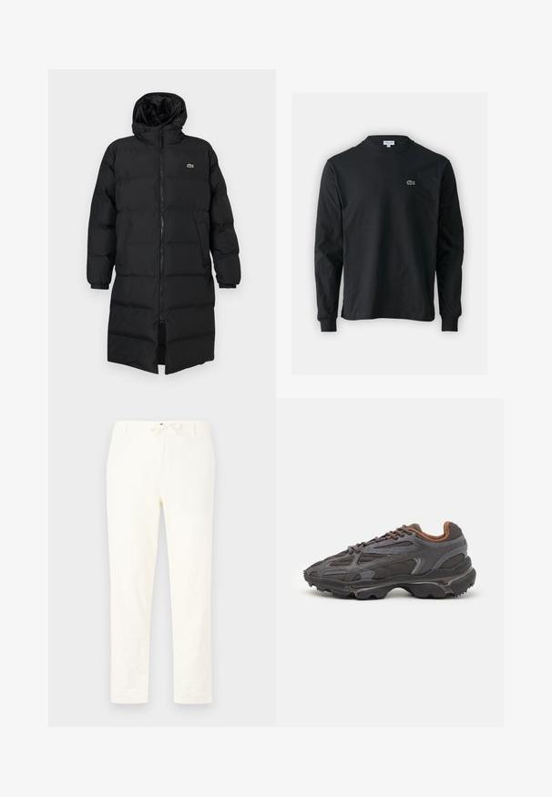 Casaco puffer preto com capuz, apresentando um fecho de correr completo, mangas longas e um design até ao joelho. Textura suave e acolchoada com detalhe do logotipo.; Camisola preta de manga longa feita de algodão, com decote redondo e um pequeno logótipo de crocodilo bordado em verde no lado esquerdo do peito.; Calças de linho leves e brancas com cintura elástica. Design de perna reta, textura mínima e sem padrões ou detalhes de hardware visíveis.; Ténis Lacoste em cinza-escuro com material em malha e sintético, apresentando uma sola texturizada e detalhes castanhos na gola e na marca.