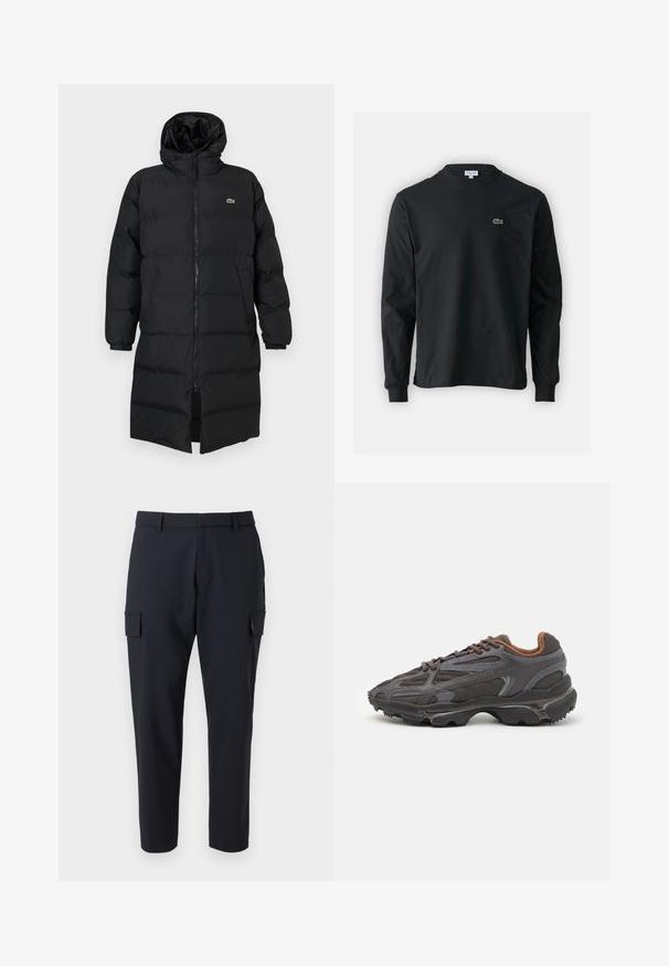 Svart puffjacka med huva, med full dragkedja, långa ärmar och knälång design. Mjuk, vadderad textur med logotypdetalj.; Svart långärmad t-shirt i bomull, med rund halsringning och en liten grön broderad krokodil-logotyp på vänster bröst.; Mörkblå cargobyxor med raka ben, två sidofickor och en platt framsida. Tillverkade av ett lätt tyg.; Lacoste-sneakers i mörkgrått med nät och syntetmaterial, med en strukturerad sula och bruna detaljer på kragen och varumärket.
