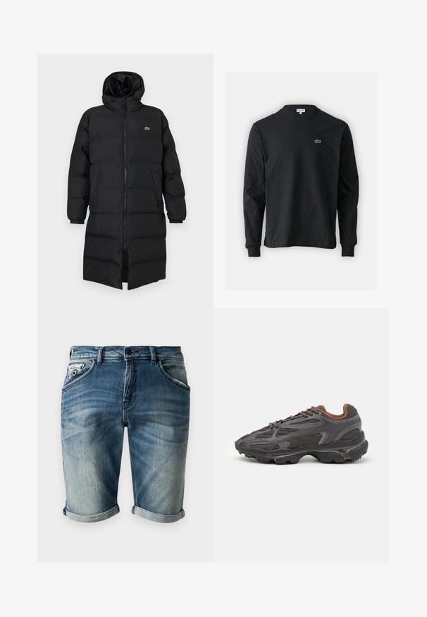 Mustahomeinen musta untuvatakki hupulla, jossa on täysipitkä vetoketju, pitkät hihat ja polvenpituinen malli. Pehmeä, tikkikuvioitu pinta logotiedolla.; Musta pitkähiha t-paita, joka on valmistettu puuvillasta. Paita on varustettu pyöreällä kaula-aukolla ja vasemmassa rinnassa on pieni vihreä brodeerattu krokotiililogo.; Farkkushortsit haalistuneessa sinisessä sävyssä, joissa on hieman kulunut pinta. Varustettu käännetyillä lahkeilla, etutaskuilla ja klassisella nappilukolla.; Lacoste-tennar i mörkgrått med nät- och syntetmaterial, med en texturerad sula och bruna accenter på kragen och märket.