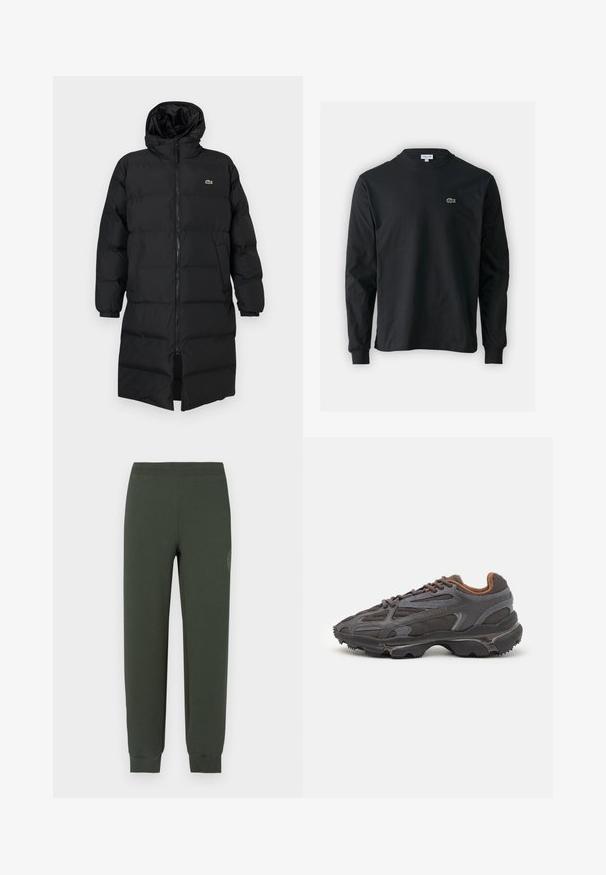Melna pūkaina jaka ar kapuci, kas aprīkota ar pilnu rāvējslēdzēju, garām piedurknēm un ceļgala garuma dizainu. Mīksta, quiltēta tekstūra ar logotipa detaļu.; Melna garām piedurknēm t-krekls, izgatavots no kokvilnas, ar apaļu kakla izgriezumu un mazu zaļu izšūtu krokodila logo kreisajā krūtī.; Zaļas sporta bikses ar elastīgu jostasvietu un aprocēm, gluda tekstūra un tonāla logotipa detaļa kreisajā augšstilbā.; Lacoste kedas tumši pelēkā krāsā ar acu audumu un sintētisko materiālu, ar teksturētu zoli un brūniem akcentiem apkaklītē un zīmola uzrakstā.