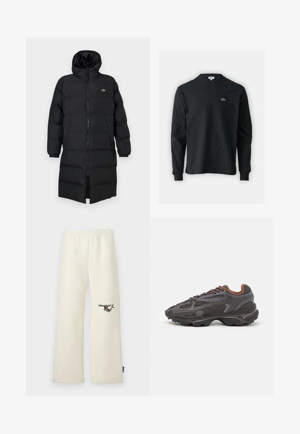 Čierna prešívaná bunda s kapucňou, vybavená plným zipsom, dlhými rukávmi a dĺžkou po kolená. Mäkká, prešívaná textúra s detailom loga.; Čierne tričko s dlhým rukávom vyrobené z bavlny, s okrúhlym výstrihom a malým zeleným vyšívaným logom krokodíla na ľavej hrudi.; Krémové tepláky s voľným strihom, elastickým pásom a bočnými vreckami. Obsahujú potlač na ľavom stehne.; Lacoste tenisky v tmavo sivej farbe z nylonu a syntetického materiálu, s textúrovanou podrážkou a hnedými akcentami na golieri a brandingu.