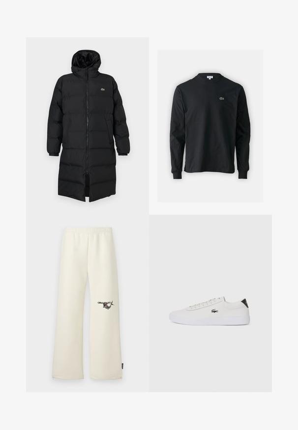 Melna pūkaina jaka ar kapuci, kas aprīkota ar pilnu rāvējslēdzēju, garām piedurknēm un ceļgala garuma dizainu. Mīksta, quiltēta tekstūra ar logotipa detaļu.; Melna garām piedurknēm t-krekls, izgatavots no kokvilnas, ar apaļu kakla izgriezumu un mazu zaļu izšūtu krokodila logo kreisajā krūtī.; Krēmkrāsas sporta bikses ar brīvu piegriezumu, elastīgu jostu un sānu kabatām. Ar drukātu dizainu uz kreisā augšstilba.; Baltas ādas sporta apavu modelis ar noapaļotu purngalu, sasienamu priekšpusi un melnu papēža akcentu. Satur nelielu izšūtu krokodila logo sānos.