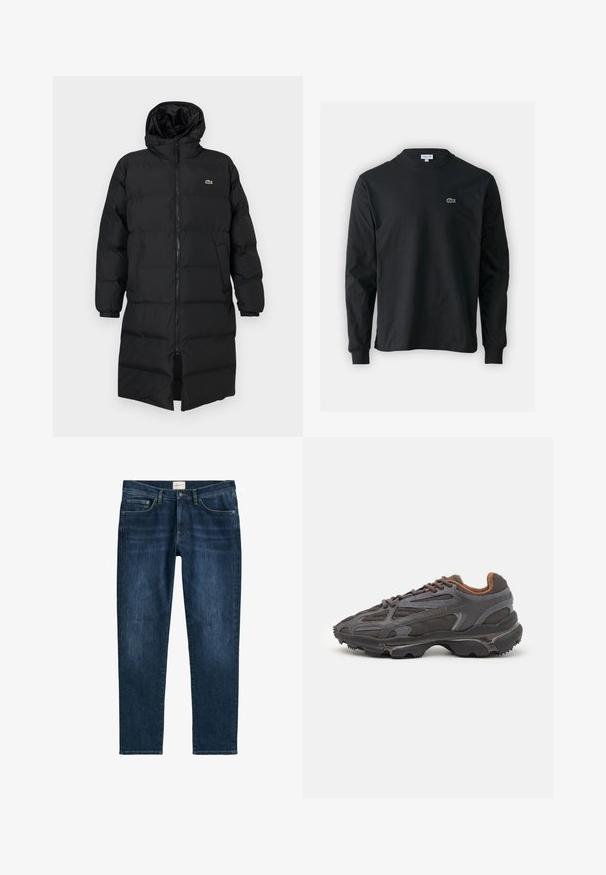 Svart dunjakke med hette, med hel glidelås, lange ermer og knelengde. Myk, quiltet tekstur med logodetalj.; Svart langermet T-skjorte laget av bomull, med rund hals og en liten grønn brodert krokodillelogo på venstre bryst.; Mørkeblå denimjeans med rette ben, fem lommer, beltehemper og subtil fading. Stoffet har en jevn tekstur.; Lacoste-sneakers i mørkegrått med mesh- og syntetisk materiale, med en teksturert såle og brune detaljer på kragen og merket.