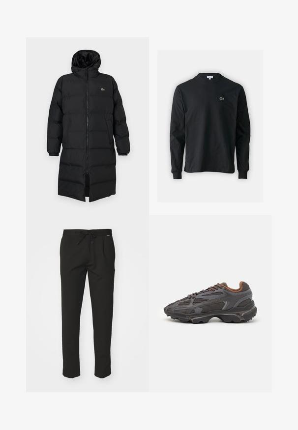 Fekete, kapucnis puffertakó, teljes cipzárral, hosszú ujjakkal és térd hosszig érő fazonnal. Puha, steppelt textúra logó részlettel.; Fekete hosszú ujjú pamut póló, kerek nyakkivágással, bal mellen egy kis zöld hímzett krokodil logóval.; Fekete tréningnadrág húzózsinórral a derekán, két elülső zsebbel, slim fit szabással és puha, texturált anyaggal. Nincsenek látható logó részletek.; Sötét szürke Lacoste sportcipők hálós és szintetikus anyagból, textúrázott talppal és barna díszítésekkel a nyak részen és a logón.