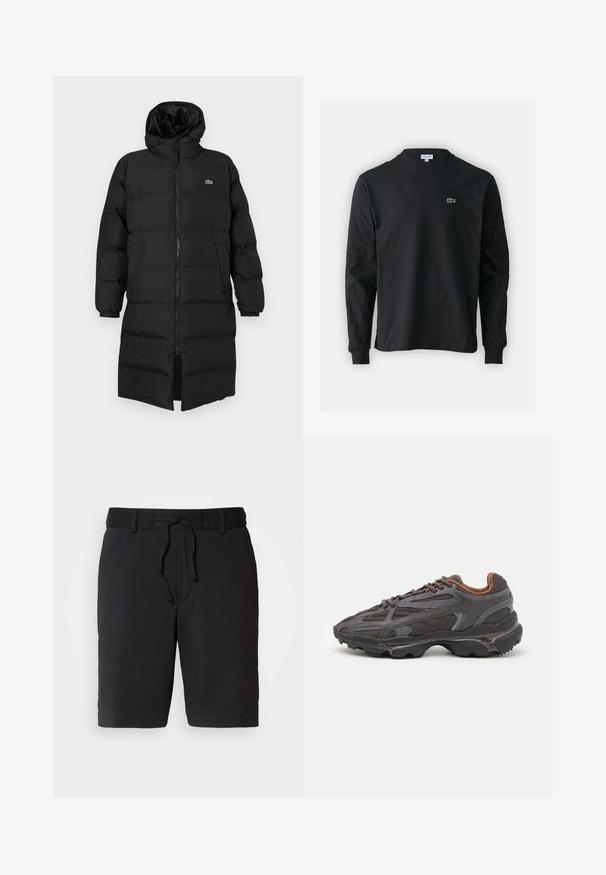 Black puffer coat with a hood, featuring a full zipper, long sleeves, and a knee-length design. Soft, quilted texture with logo detail.; Black long-sleeve t-shirt made of cotton, featuring a round neckline and a small green embroidered crocodile logo on the left chest.; Black shorts with a textured pattern, elastic waistband, and adjustable drawstring for fit. Mid-thigh length, simple design with no visible pockets.; Lacoste sneakers in dark gray with mesh and synthetic material, featuring a textured sole and brown accents on the collar and branding.