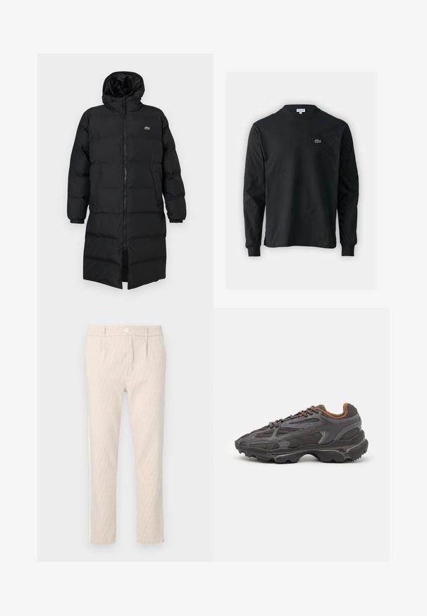 Black puffer coat with a hood, featuring a full zipper, long sleeves, and a knee-length design. Soft, quilted texture with logo detail.; Black long-sleeve t-shirt made of cotton, featuring a round neckline and a small green embroidered crocodile logo on the left chest.; Beige patterned trousers featuring a subtle leaf design, well-tailored, with a button closure and side pockets. Smooth fabric texture.; Lacoste sneakers in dark gray with mesh and synthetic material, featuring a textured sole and brown accents on the collar and branding.