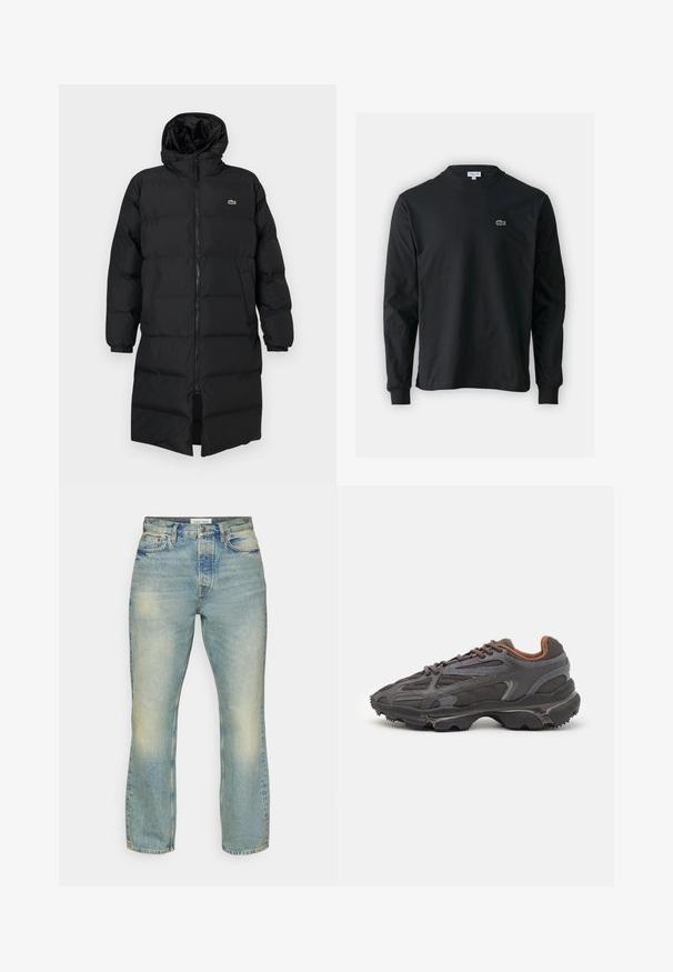 Abrigo acolchado negro con capucha, que presenta un cierre completo, mangas largas y un diseño hasta la rodilla. Textura suave y acolchada con detalle de logo.; Camiseta de manga larga negra de algodón, con escote redondo y un pequeño logo de cocodrilo bordado en verde en el lado izquierdo del pecho.; Samsøe Samsøe EDDIE - Vaqueros rectos - grime; Zapatillas Lacoste en gris oscuro con material de malla y sintético, que cuentan con una suela texturizada y detalles en marrón en el cuello y la marca.