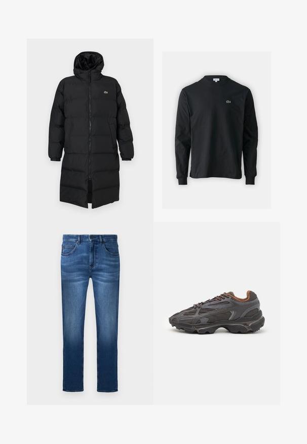 Must pufjakker, mille kapuutsiga, täispika tõmblukuga, pikkade varrukatega ja põlve pikkuses. Pehme, tikitud tekstuur, logodetailiga.; Must musta särk pikad varrukad, valmistatud puuvillast, ümar kaelus ja vasakul rinnal väike rohelise värvi tikandiga krokodillilogoga.; Tumed sinise värvusega denimid, millel on viis taskut, lukuga sulepealne ja sirge jalgade disain, kergelt pleekinud reie piirkonnas.; Tumed hallid Lacoste tossud, mis on valmistatud võrkkangast ja sünteetilisest materjalist, omavad tekstureeritud talla ning pruune aktsente kaeluse ja brändingu juures.