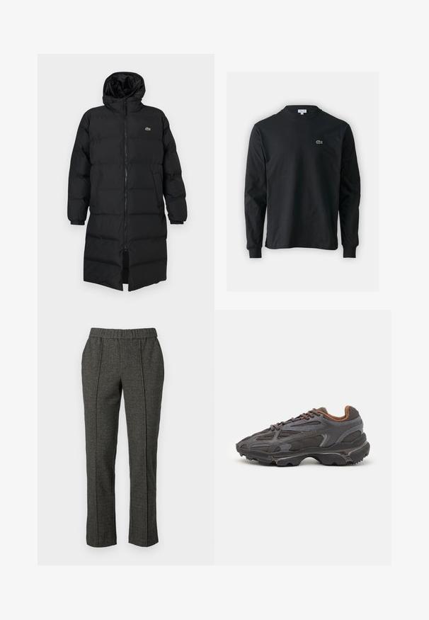 Čierna prešívaná bunda s kapucňou, vybavená plným zipsom, dlhými rukávmi a dĺžkou po kolená. Mäkká, prešívaná textúra s detailom loga.; Čierne tričko s dlhým rukávom vyrobené z bavlny, s okrúhlym výstrihom a malým zeleným vyšívaným logom krokodíla na ľavej hrudi.; Sivé upravené nohavice z textúrovaného materiálu, s elastickým pásom, rovnými nohavicami a predným pomačkaním.; Lacoste tenisky v tmavo sivej farbe z nylonu a syntetického materiálu, s textúrovanou podrážkou a hnedými akcentami na golieri a brandingu.