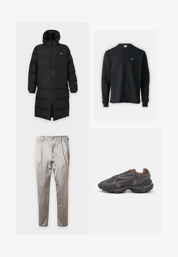 Črni napihnjen plašč s kapuco, ki ima poln zadrgo, dolge rokave in dolžino do kolen. Mehka, quilted tekstura z logotipom.; Črna dolgi rokavi majica iz bombaža, z okroglim ovratnikom in majhnim zelenim vezenim logotipom krokodila na levem prsnem delu.; Svetlo sivi nabrani hlače iz gladkega blaga, z elastičnim pasom in ožjimi nogami. Brez vidnih žepov.; Lacoste teniske v temno sivi barvi z mrežasto in sintetično prevleko, s teksturiranim podplatom in rjavimi detajli na ovratniku ter blagovni znamki.