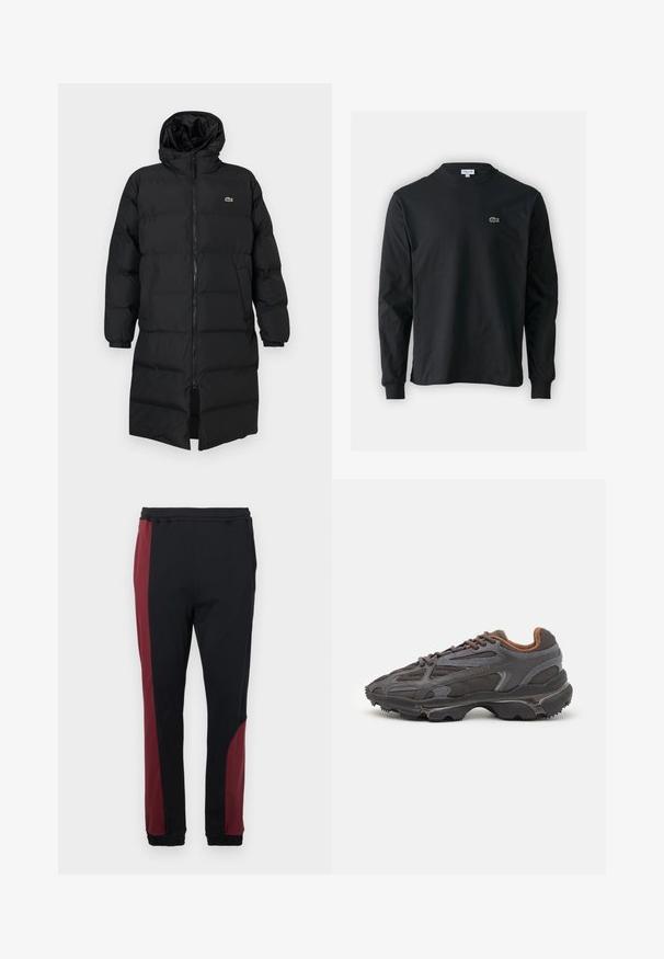 Juodas pūkinis paltas su kapišonu, su pilnu užtrauktuku, ilgomis rankovėmis ir iki kelių ilgio. Minkšta, siuvinėta tekstūra su logotipo detale.; Juodas ilgomis rankovėmis marškinėliai iš medvilnės, turintys apvalią iškirptę ir mažą žalią išsiuvinėtą krokodilo logotipą kairėje krūtinės pusėje.; Juodai sportiniai keliai su burgundišku šoniniu paneliu, elastinga juosmens juosta ir rankovėmis. Pagaminti iš lygaus, tampraus audinio patogumui.; Lacoste sportbačiai tamsiai pilki, pagaminti iš tinklinės ir sintetinių medžiagų, su tekstūruotu padu ir rudomis detalėmis ant apykaklės bei prekės ženklo.