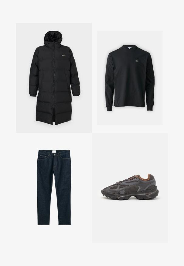 Geacă puffer neagră cu glugă, dotată cu fermoar complet, mâneci lungi și un design până la genunchi. Textură moale, matlasată, cu detalii ale logo-ului.; Tricou negru cu mânecă lungă, realizat din bumbac, cu un guler rotund și un mic logo brodat cu un crocodil verde pe partea stângă a pieptului.; Jeans din denim albastru închis, cu croială dreaptă, având cinci buzunare, prindere cu nasture și cusături contrastante. Textură netedă cu un design clasic.; Adidași Lacoste de culoare gri închis, din material mesh și sintetic, cu o talpă texturată și accente maronii pe guler și branding.