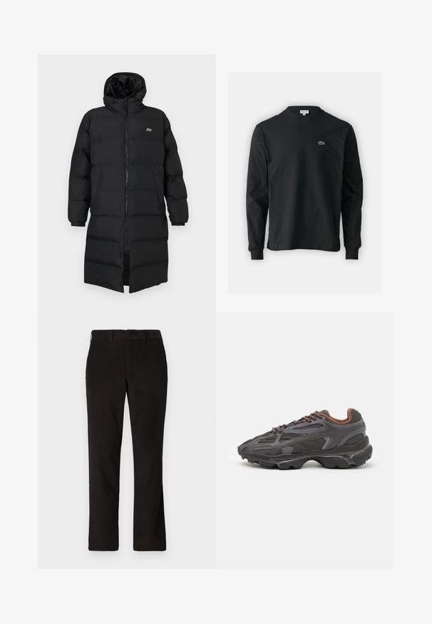 Črni napihnjen plašč s kapuco, ki ima poln zadrgo, dolge rokave in dolžino do kolen. Mehka, quilted tekstura z logotipom.; Črna dolgi rokavi majica iz bombaža, z okroglim ovratnikom in majhnim zelenim vezenim logotipom krokodila na levem prsnem delu.; Črne kord vzorčaste hlače s ravnim krojem, z gumbom za zapiranje in dvema sprednjima žepoma. Mehka tkanina z diskretno rebrasto teksturo.; Lacoste teniske v temno sivi barvi z mrežasto in sintetično prevleko, s teksturiranim podplatom in rjavimi detajli na ovratniku ter blagovni znamki.