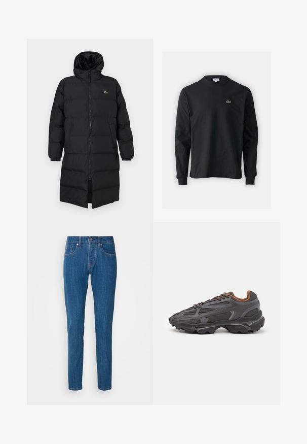 Mustahomeinen musta untuvatakki hupulla, jossa on täysipitkä vetoketju, pitkät hihat ja polvenpituinen malli. Pehmeä, tikkikuvioitu pinta logotiedolla.; Musta pitkähiha t-paita, joka on valmistettu puuvillasta. Paita on varustettu pyöreällä kaula-aukolla ja vasemmassa rinnassa on pieni vihreä brodeerattu krokotiililogo.; Siniset suorat farkut, jotka on valmistettu denimestä. Niissä on tavallinen viiden taskun muotoilu, napitus ja hieno haalistuminen jaloissa.; Lacoste-tennar i mörkgrått med nät- och syntetmaterial, med en texturerad sula och bruna accenter på kragen och märket.