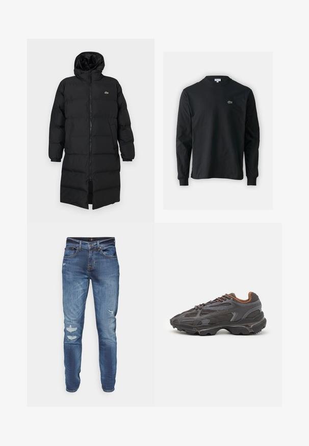 Mustahomeinen musta untuvatakki hupulla, jossa on täysipitkä vetoketju, pitkät hihat ja polvenpituinen malli. Pehmeä, tikkikuvioitu pinta logotiedolla.; Musta pitkähiha t-paita, joka on valmistettu puuvillasta. Paita on varustettu pyöreällä kaula-aukolla ja vasemmassa rinnassa on pieni vihreä brodeerattu krokotiililogo.; Vaaleansiniset farkut, joissa on kapea malli, mukaan lukien kuluneet paikat, haalistunut pinta ja normaali vyötärö nappikiinnityksellä.; Lacoste-tennar i mörkgrått med nät- och syntetmaterial, med en texturerad sula och bruna accenter på kragen och märket.