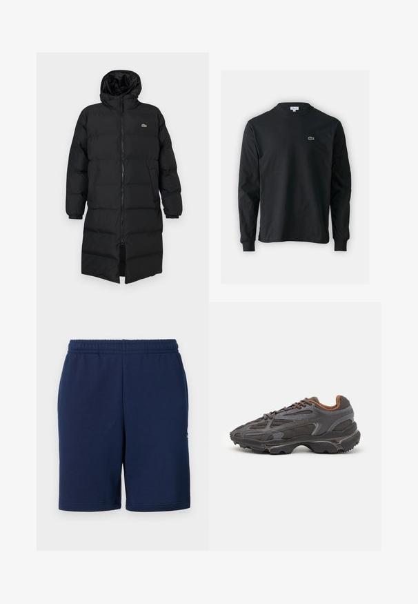 Fekete, kapucnis puffertakó, teljes cipzárral, hosszú ujjakkal és térd hosszig érő fazonnal. Puha, steppelt textúra logó részlettel.; Fekete hosszú ujjú pamut póló, kerek nyakkivágással, bal mellen egy kis zöld hímzett krokodil logóval.; Sötétkék, puha anyagból készült sort, rugalmas derékkal és oldalsó zsebekkel. Minimalista dizájn, látható minták nélkül.; Sötét szürke Lacoste sportcipők hálós és szintetikus anyagból, textúrázott talppal és barna díszítésekkel a nyak részen és a logón.
