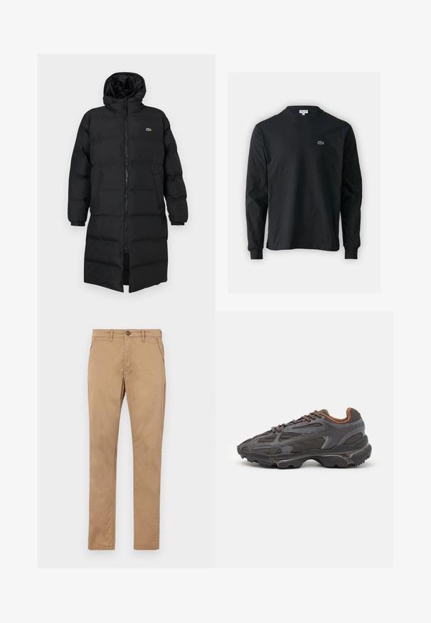 Μαύρο φουσκωτό παλτό με κουκούλα, διαθέτοντας πλήρες φερμουάρ, μακριά μανίκια και σχέδιο μέχρι το γόνατο. Μαλακή, υφασμάτινη υφή με λεπτομέρεια λογότυπου.; Μαύρο μπλουζάκι με μακριά μανίκια από βαμβάκι, με στρογγυλή λαιμόκοψη και μικρό πράσινο κεντητό λογότυπο κροκοδείλου στην αριστερή πλευρά του στήθους.; Καφέ chinos με ίσια πόδια, φτιαγμένα από βαμβάκι. Διαθέτουν κουμπί μπροστά, φερμουάρ και πλάγιες τσέπες με λεία υφή και χωρίς ορατά σχέδια.; Αθλητικά παπούτσια Lacoste σε σκούρο γκρι χρώμα, κατασκευασμένα από διχτυωτό και συνθετικό υλικό, με ελαστική σόλα και καφέ λεπτομέρειες στον γιακά και στο branding.