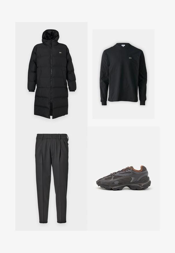 Mustahomeinen musta untuvatakki hupulla, jossa on täysipitkä vetoketju, pitkät hihat ja polvenpituinen malli. Pehmeä, tikkikuvioitu pinta logotiedolla.; Musta pitkähiha t-paita, joka on valmistettu puuvillasta. Paita on varustettu pyöreällä kaula-aukolla ja vasemmassa rinnassa on pieni vihreä brodeerattu krokotiililogo.; Mustat housut, jotka on valmistettu sileästä kankaasta, joissa on pleidattu etuosa, joustava vyötärö ja suorapohjaiset lahkeet, jotka kapenevat alaspäin.; Lacoste-tennar i mörkgrått med nät- och syntetmaterial, med en texturerad sula och bruna accenter på kragen och märket.