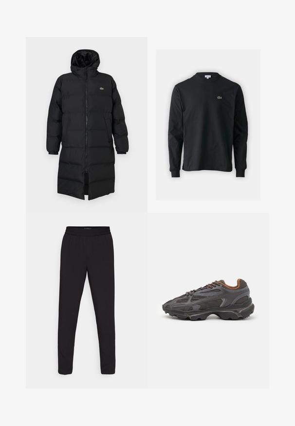 Zwarte pufferjas met een kap, voorzien van een volledige ritssluiting, lange mouwen en een lengte tot de knie. Zachte, gewatteerde textuur met logo-detail.; Zwarte longsleeve t-shirt van katoen, met een ronde halslijn en een klein groen geborduurd krokodillenlogo op de linkerborst.; Zwarte tapered broek met een elastische tailleband, gemaakt van een soepele, lichte stof, zonder zichtbare patronen of hardwaredetails.; Lacoste sneakers in donkergrijs van mesh en synthetisch materiaal, met een gestructureerde zool en bruine accenten op de kraag en branding.