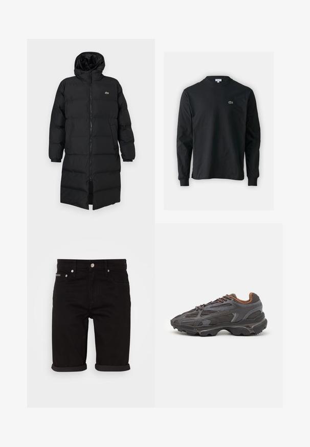 Abrigo acolchado negro con capucha, que presenta un cierre completo, mangas largas y un diseño hasta la rodilla. Textura suave y acolchada con detalle de logo.; Camiseta de manga larga negra de algodón, con escote redondo y un pequeño logo de cocodrilo bordado en verde en el lado izquierdo del pecho.; Pantalones cortos de mezclilla negros con un corte recto, que presentan un dobladillo enrollado, bolsillos frontales y un cierre de botón. Tejido texturizado con un ligero brillo.; Zapatillas Lacoste en gris oscuro con material de malla y sintético, que cuentan con una suela texturizada y detalles en marrón en el cuello y la marca.