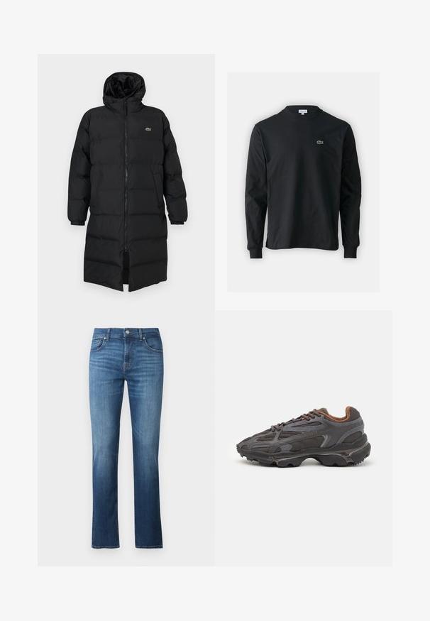 Black puffer coat with a hood, featuring a full zipper, long sleeves, and a knee-length design. Soft, quilted texture with logo detail.; Black long-sleeve t-shirt made of cotton, featuring a round neckline and a small green embroidered crocodile logo on the left chest.; Blue denim jeans with a straight-leg cut, featuring a mid-rise waist, five pockets, and a smooth texture. Subtle fading and contrast stitching.; Lacoste sneakers in dark gray with mesh and synthetic material, featuring a textured sole and brown accents on the collar and branding.