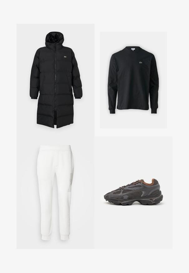 Zwarte pufferjas met een kap, voorzien van een volledige ritssluiting, lange mouwen en een lengte tot de knie. Zachte, gewatteerde textuur met logo-detail.; Zwarte longsleeve t-shirt van katoen, met een ronde halslijn en een klein groen geborduurd krokodillenlogo op de linkerborst.; Calvin Klein HORIZONTAL LOGO SWEATPANTS - Trainingsbroek - silver birch; Lacoste sneakers in donkergrijs van mesh en synthetisch materiaal, met een gestructureerde zool en bruine accenten op de kraag en branding.