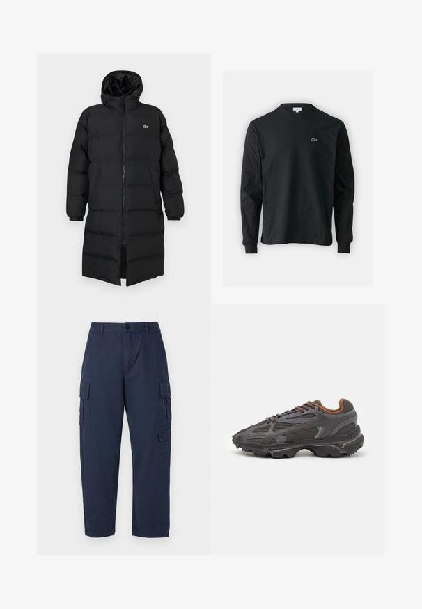 Must pufjakker, mille kapuutsiga, täispika tõmblukuga, pikkade varrukatega ja põlve pikkuses. Pehme, tikitud tekstuur, logodetailiga.; Must musta särk pikad varrukad, valmistatud puuvillast, ümar kaelus ja vasakul rinnal väike rohelise värvi tikandiga krokodillilogoga.; Tumesinised merelaste püksid, mis on valmistatud puuvillast. Omavad kahte küljetaskut, nupulukku ja sirget lõiget. Sile tekstuur ja lõdva istuvus.; Tumed hallid Lacoste tossud, mis on valmistatud võrkkangast ja sünteetilisest materjalist, omavad tekstureeritud talla ning pruune aktsente kaeluse ja brändingu juures.