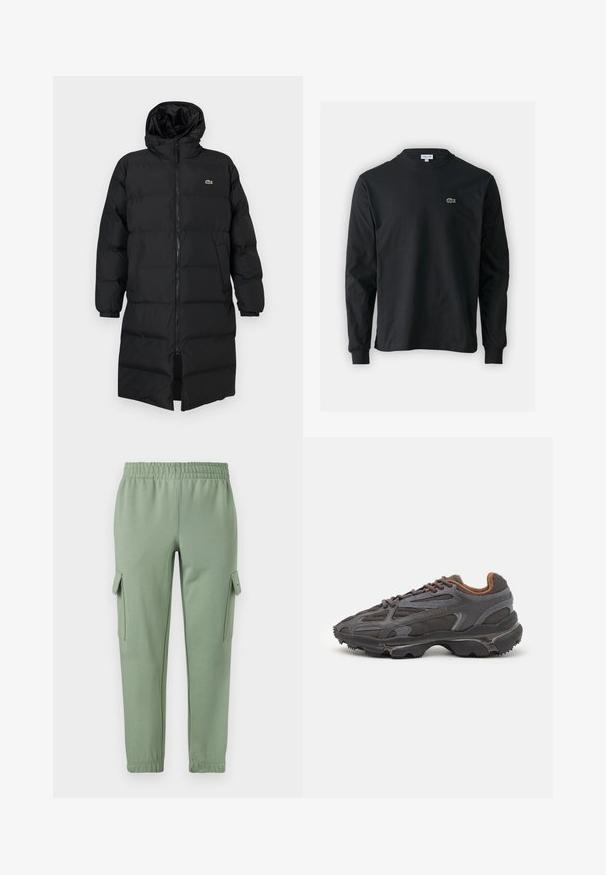 Čierna prešívaná bunda s kapucňou, vybavená plným zipsom, dlhými rukávmi a dĺžkou po kolená. Mäkká, prešívaná textúra s detailom loga.; Čierne tričko s dlhým rukávom vyrobené z bavlny, s okrúhlym výstrihom a malým zeleným vyšívaným logom krokodíla na ľavej hrudi.; Svetlozelené teplákové nohavice s elastickým pásom, sú zúžené a majú dve bočné vrecká typu cargo. Vyrobené z mäkkej, priedušnej tkaniny.; Lacoste tenisky v tmavo sivej farbe z nylonu a syntetického materiálu, s textúrovanou podrážkou a hnedými akcentami na golieri a brandingu.