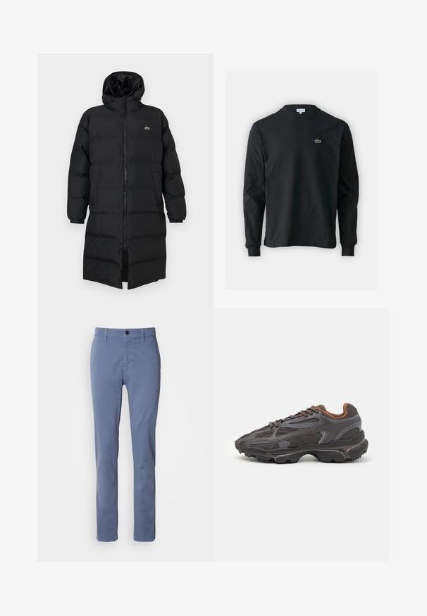 Melna pūkaina jaka ar kapuci, kas aprīkota ar pilnu rāvējslēdzēju, garām piedurknēm un ceļgala garuma dizainu. Mīksta, quiltēta tekstūra ar logotipa detaļu.; Melna garām piedurknēm t-krekls, izgatavots no kokvilnas, ar apaļu kakla izgriezumu un mazu zaļu izšūtu krokodila logo kreisajā krūtī.; Zilas taisnās kājas bikses ar pogas un rāvējslēdzēja aizdari, jostas cilpiņām un priekšējām kabatām, attēlotas uz baltas fona.; Lacoste kedas tumši pelēkā krāsā ar acu audumu un sintētisko materiālu, ar teksturētu zoli un brūniem akcentiem apkaklītē un zīmola uzrakstā.