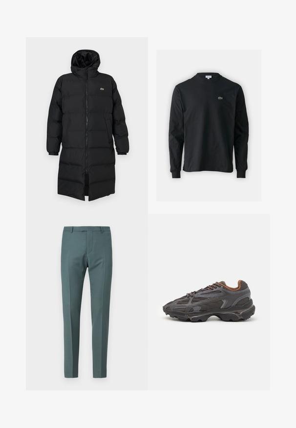 Schwarze Daunenjacke mit Kapuze, ausgestattet mit einem vollen Reißverschluss, langen Ärmeln und einem knielangen Schnitt. Weiche, gesteppten Textur mit Logodetail.; Schwarzes Langarm-T-Shirt aus Baumwolle, mit Rundhalsausschnitt und einem kleinen grünen, gestickten Krokodil-Logo auf der linken Brust.; Maßgeschneiderte Hosen in einem dunklen Teal-Ton, mit glatter Textur, geradem Schnitt, flachem Vorderteil und Seitentaschen.; Lacoste Sneaker in Dunkelgrau aus Mesh und Synthetikmaterial, mit einer strukturierten Sohle und braunen Akzenten am Kragen und Logo.