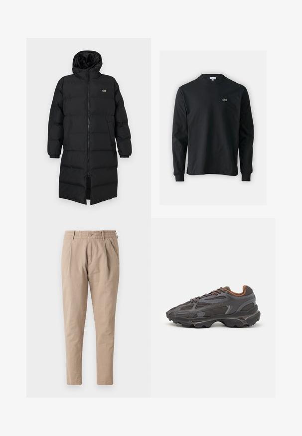 Black puffer coat with a hood, featuring a full zipper, long sleeves, and a knee-length design. Soft, quilted texture with logo detail.; Black long-sleeve t-shirt made of cotton, featuring a round neckline and a small green embroidered crocodile logo on the left chest.; Beige cotton trousers with a relaxed fit, elastic waistband, button closure, and side pockets. Smooth texture, tapered leg design.; Lacoste sneakers in dark gray with mesh and synthetic material, featuring a textured sole and brown accents on the collar and branding.