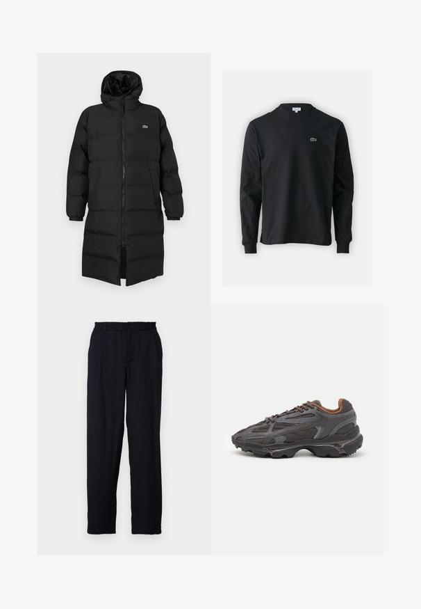 Svart dunjakke med hette, med hel glidelås, lange ermer og knelengde. Myk, quiltet tekstur med logodetalj.; Svart langermet T-skjorte laget av bomull, med rund hals og en liten grønn brodert krokodillelogo på venstre bryst.; Libertine-Libertine ALIVE - Bukse - dark navy; Lacoste-sneakers i mørkegrått med mesh- og syntetisk materiale, med en teksturert såle og brune detaljer på kragen og merket.