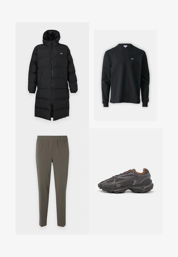 Fekete, kapucnis puffertakó, teljes cipzárral, hosszú ujjakkal és térd hosszig érő fazonnal. Puha, steppelt textúra logó részlettel.; Fekete hosszú ujjú pamut póló, kerek nyakkivágással, bal mellen egy kis zöld hímzett krokodil logóval.; Olíva zöld nadrág, puha anyagból készült, rugalmas derékkal, szűkített lábszárral, és nincs rajta látható zseb vagy fém alkatrész.; Sötét szürke Lacoste sportcipők hálós és szintetikus anyagból, textúrázott talppal és barna díszítésekkel a nyak részen és a logón.