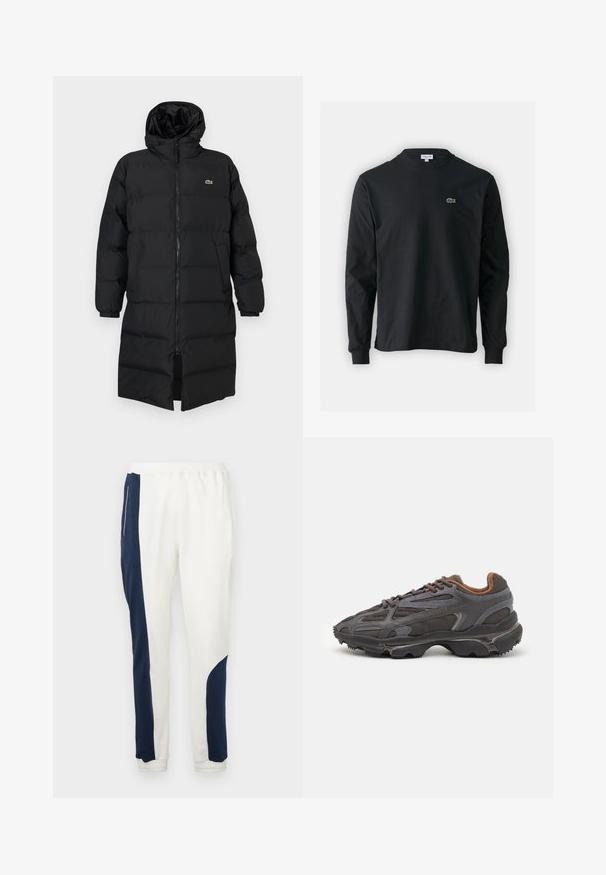 Schwarze Daunenjacke mit Kapuze, ausgestattet mit einem vollen Reißverschluss, langen Ärmeln und einem knielangen Schnitt. Weiche, gesteppten Textur mit Logodetail.; Schwarzes Langarm-T-Shirt aus Baumwolle, mit Rundhalsausschnitt und einem kleinen grünen, gestickten Krokodil-Logo auf der linken Brust.; Weiße Jogginghosen mit marineblauen Seiteneinsätzen und elastischen Bündchen, aus weichem Stoff mit glatter Textur und einem Kordelzugbund.; Lacoste Sneaker in Dunkelgrau aus Mesh und Synthetikmaterial, mit einer strukturierten Sohle und braunen Akzenten am Kragen und Logo.