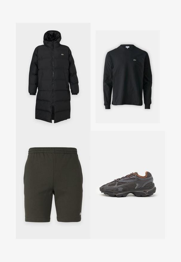 Svart dunjakke med hette, med hel glidelås, lange ermer og knelengde. Myk, quiltet tekstur med logodetalj.; Svart langermet T-skjorte laget av bomull, med rund hals og en liten grønn brodert krokodillelogo på venstre bryst.; Mørkegrønne shorts med elastisk midje laget av myk stoff. Har en rett passform, oppbrettede ben, og en liten logo på nedre høyre side.; Lacoste-sneakers i mørkegrått med mesh- og syntetisk materiale, med en teksturert såle og brune detaljer på kragen og merket.