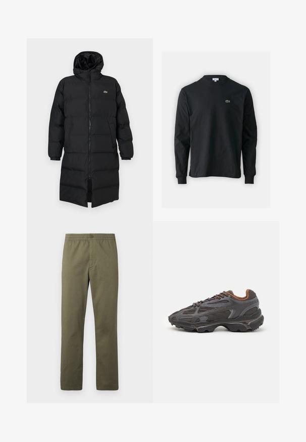 Czarna kurtka puchowa z kapturem, z pełnym zamkiem, długimi rękawami i długością sięgającą kolan. Miękka, pikowana tekstura z detalem logo.; Czarna koszulka z długim rękawem, wykonana z bawełny, z okrągłym dekoltem i małym haftowanym logo krokodyla w kolorze zielonym po lewej stronie klatki piersiowej.; Lacoste - Spodnie materiałowe; Sneakers Lacoste w ciemnoszarym kolorze, wykonane z siateczki i materiału syntetycznego, z teksturowaną podeszwą oraz brązowymi akcentami na kołnierzu i logotypie.