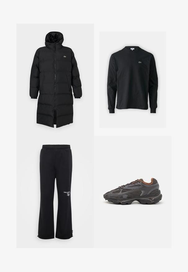 Zwarte pufferjas met een kap, voorzien van een volledige ritssluiting, lange mouwen en een lengte tot de knie. Zachte, gewatteerde textuur met logo-detail.; Zwarte longsleeve t-shirt van katoen, met een ronde halslijn en een klein groen geborduurd krokodillenlogo op de linkerborst.; Zwarte joggingbroek met een ontspannen pasvorm, gemaakt van zachte stof. Bevat een elastische tailleband en zijzakken, met een logo op één been.; Lacoste sneakers in donkergrijs van mesh en synthetisch materiaal, met een gestructureerde zool en bruine accenten op de kraag en branding.