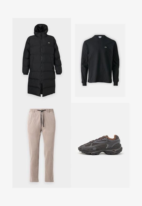 Sort pufferjakke med hætte, der har fuld lynlås, lange ærmer og knælængde. Blød, quiltet tekstur med logo-detalje.; Sort langærmet t-shirt lavet af bomuld, med rund halsudskæring og et lille grønt broderet krokodillelogo på venstre bryst.; Beige bukser med elastisk talje og sort snor. Lige ben-design med blød tekstur og minimale syningsdetaljer.; Lacoste sneakers i mørkegrå med mesh og syntetisk materiale, udstyret med en tekstureret sål og brune accenter på kraven og brandingen.