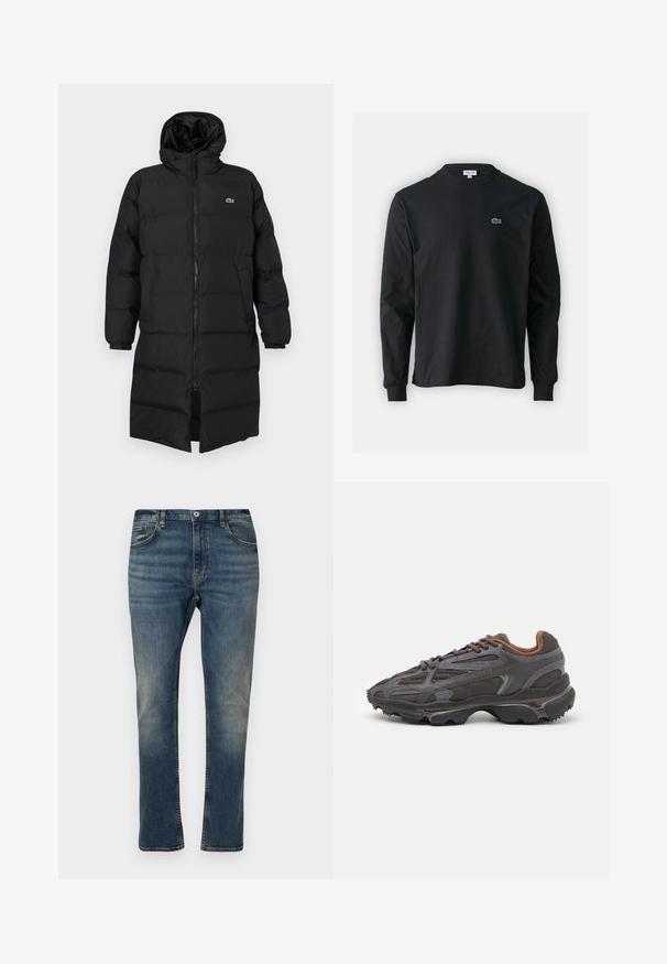 Μαύρο φουσκωτό παλτό με κουκούλα, διαθέτοντας πλήρες φερμουάρ, μακριά μανίκια και σχέδιο μέχρι το γόνατο. Μαλακή, υφασμάτινη υφή με λεπτομέρεια λογότυπου.; Μαύρο μπλουζάκι με μακριά μανίκια από βαμβάκι, με στρογγυλή λαιμόκοψη και μικρό πράσινο κεντητό λογότυπο κροκοδείλου στην αριστερή πλευρά του στήθους.; Σκούρα μπλε τζιν παντελόνι με ίσια γραμμή, πέντε τσέπες, κλείσιμο με κουμπί και φερμουάρ, με διακριτική φθορά και ραφές.; Αθλητικά παπούτσια Lacoste σε σκούρο γκρι χρώμα, κατασκευασμένα από διχτυωτό και συνθετικό υλικό, με ελαστική σόλα και καφέ λεπτομέρειες στον γιακά και στο branding.